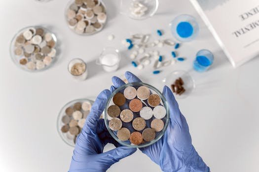 Services Scientist with gloves examining various soil samples in petri dishes on a clean white background.